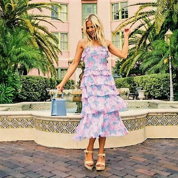 WAYF Chiffon Tiered Ruffle Dress Midi Plus Size 1X Tie Shoulder Blue Pink - Picture 4 of 10